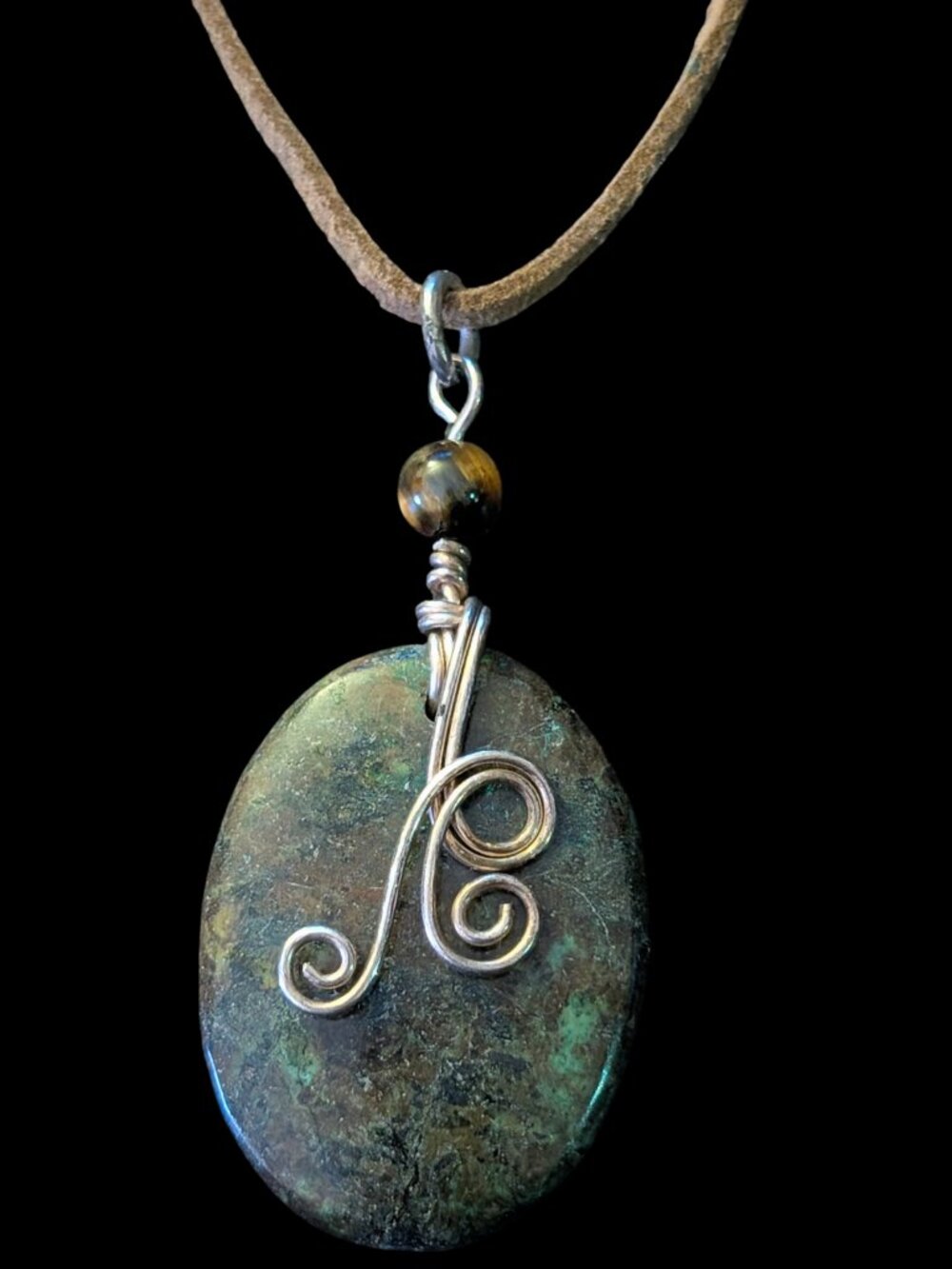 925 Sterling Silver Clasp Azurite Wire Wrap Tigers Eye Wrapped 2.5" Pendant 18.5